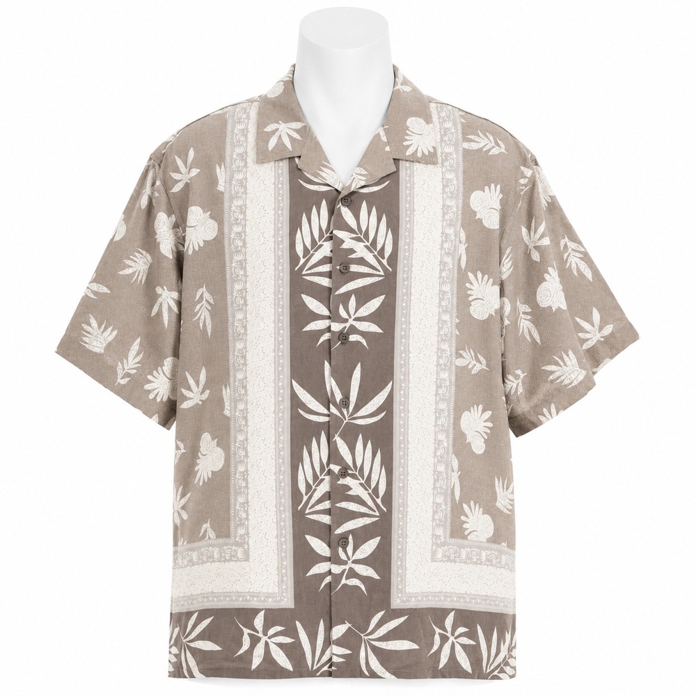 6A Silk Hawaiian Shirt Mens Large Tan Tropical Leaf Panel Camp Collar Button Up